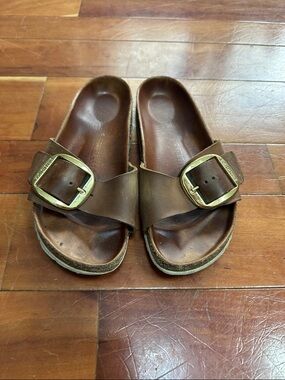 Birkenstock Brown Leather Single Buckle Slide Sandals